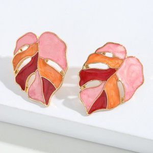 Pink & Orange Bohemian Monstera Leaf Palm Tree Leaf Marble Painted Stud Earrings